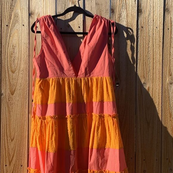 Take 50% OFF- LDT Women’s V-neck Maxi Orange and Pink Color Block Dress, Size-8 - Picture 6 of 13
